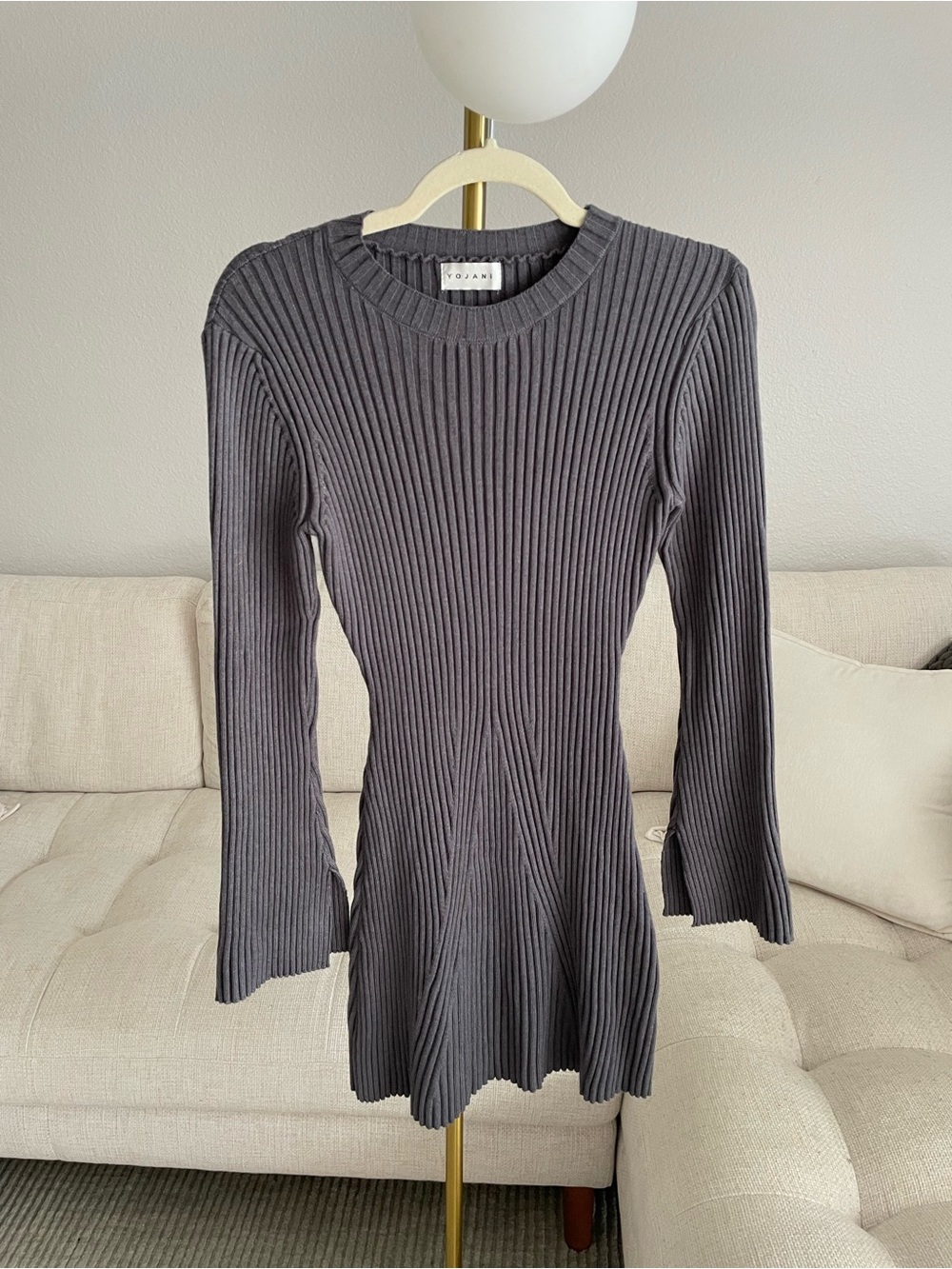 Ribbed Knit Mini Long Sleeve Dress Charcoal Grey